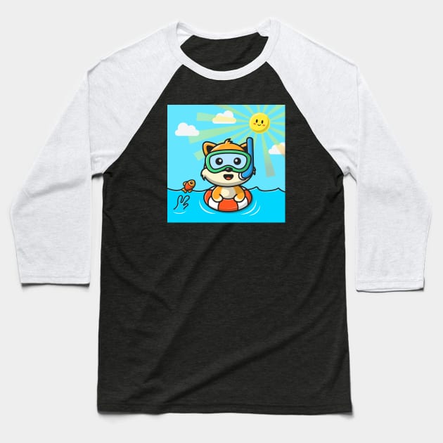 Cute Cat Snorkeling With Swimming Tires Baseball T-Shirt by Catalyst Labs